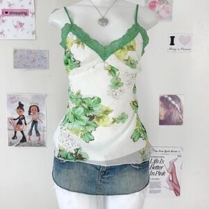 Y2K Green Floral Lace Trim Cami Top